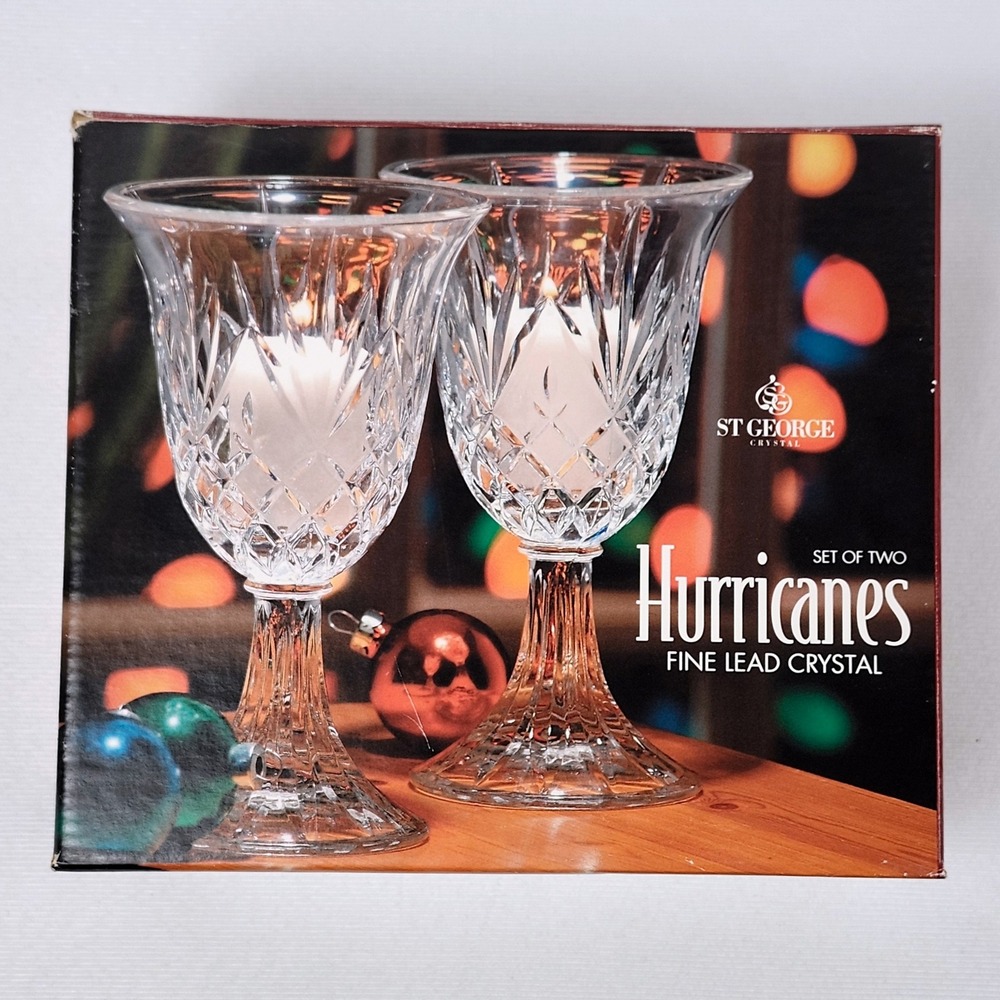 St George Crystal Hurricanes Set of 2 Fine‎ Lead Crystal Candle Holders